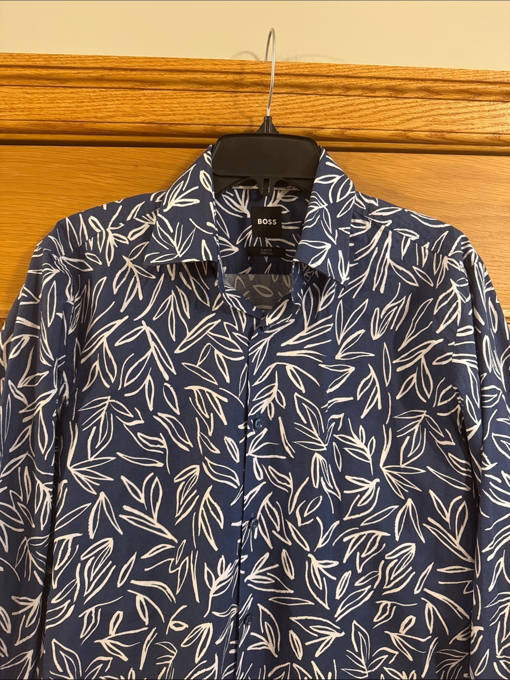 BOSS Slim Fit Stretch Easy Iron H Hank Kent Long Sleeve Shirt Size M Leaf Print - Picture 3 of 10